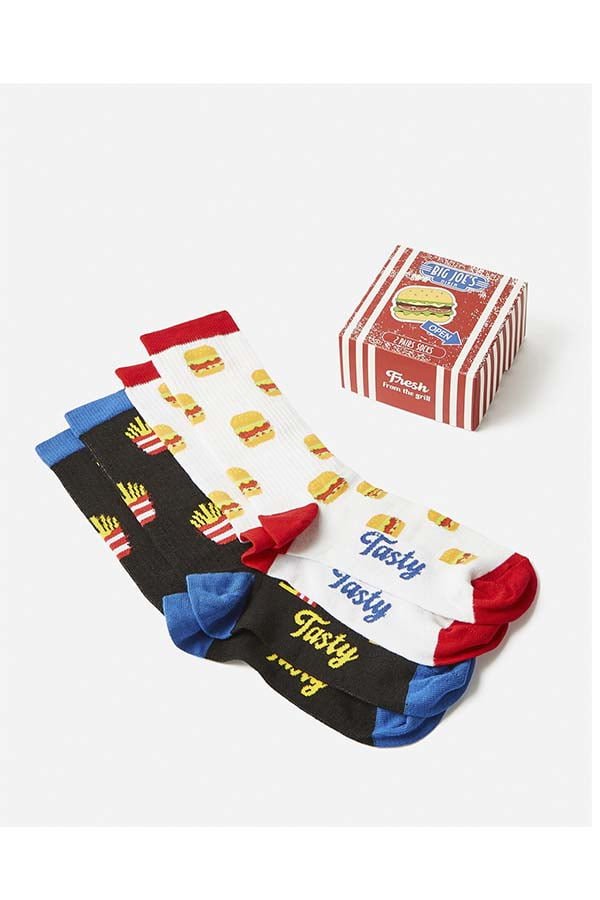 Variados calcetines con patrones de alimentos icónicos, mostrando un diseño creativo y moderno, ideales para un regalo original y divertido.