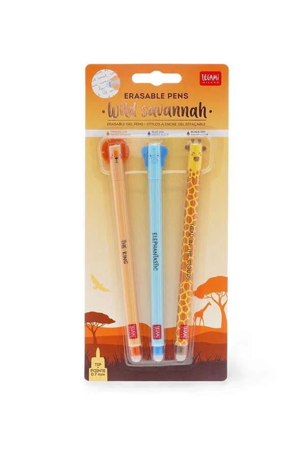 Explora tu lado salvaje con este set de bolígrafos borrables Wild Savannah. Equipados con tintas de colores naranja, azul y negro, cada bolígrafo presenta un diseño único de fauna que inspira creatividad y corrección fácil.