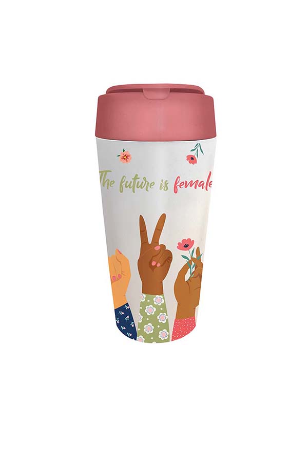 Lleva tus bebidas con estilo y mensaje en la Taza Bioloco Plant Deluxe. Diseño "The Future is Female", PLA vegetal, sin BPA, con tapa hermética. Empoderamiento en cada sorbo.