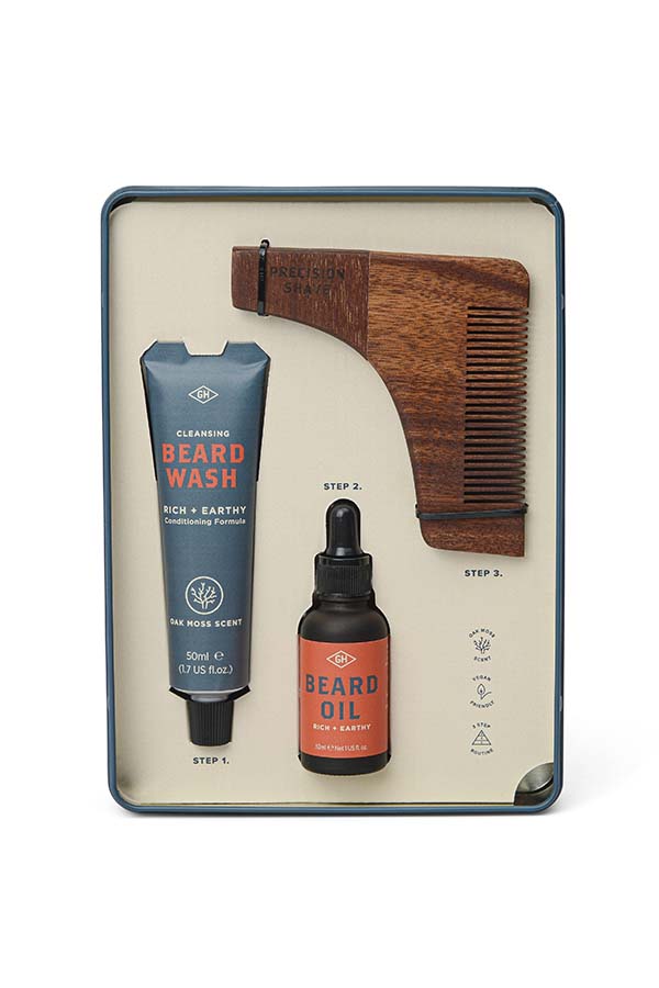 Imagen detallada del interior del "Kit de Supervivencia para Barba" de Gentlemen's Hardware, que incluye el aceite de barba, el lavado y el peine de madera. Cada elemento está claramente marcado para su uso fácil y rápido.