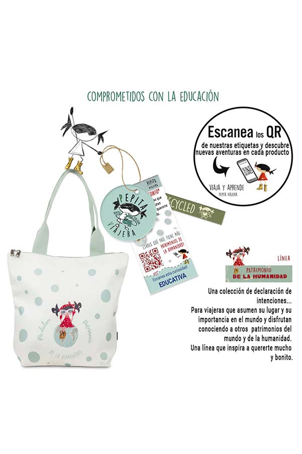 Descubre la línea educativa de Pepita Viajera. Cada bolsa incluye etiquetas interactivas con códigos QR que permiten acceder a información fascinante sobre el patrimonio de la humanidad. Un producto que combina funcionalidad, diseño y conciencia ambiental.