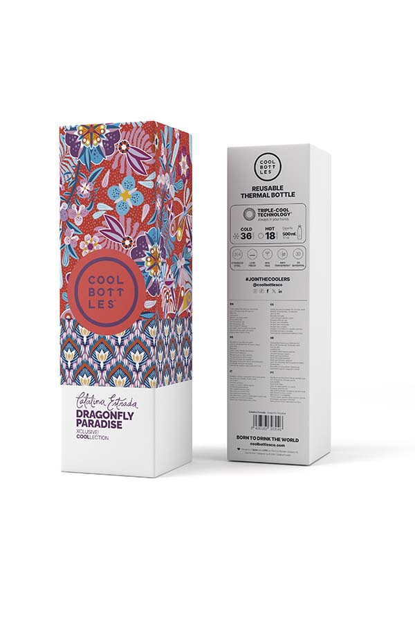 La caja de la colección Dragonfly Paradise de Cool Bottles muestra un diseño colorido y vibrante con patrones florales y libélulas. Esta edición exclusiva está inspirada en la naturaleza y la creatividad, ideal para regalar o coleccionar.