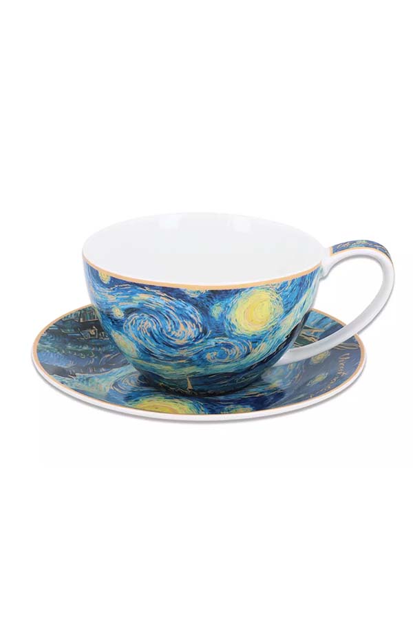 Taza de porcelana con un vibrante diseño basado en "La Noche Estrellada" de Vincent van Gogh. Perfecta para disfrutar de tu bebida favorita con un toque artístico.