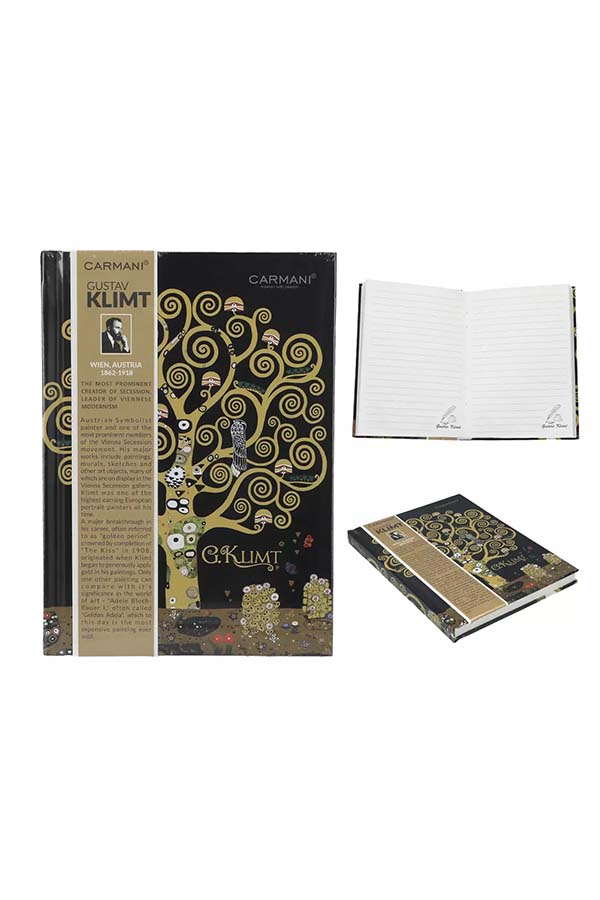 Elegante cuaderno decorado con el icónico diseño "El Árbol de la Vida" de Gustav Klimt. Incluye páginas rayadas con detalles artísticos, ideal para notas, pensamientos o bocetos. Su cubierta rígida presenta un acabado de alta calidad, convirtiéndolo en un regalo perfecto para amantes del arte.