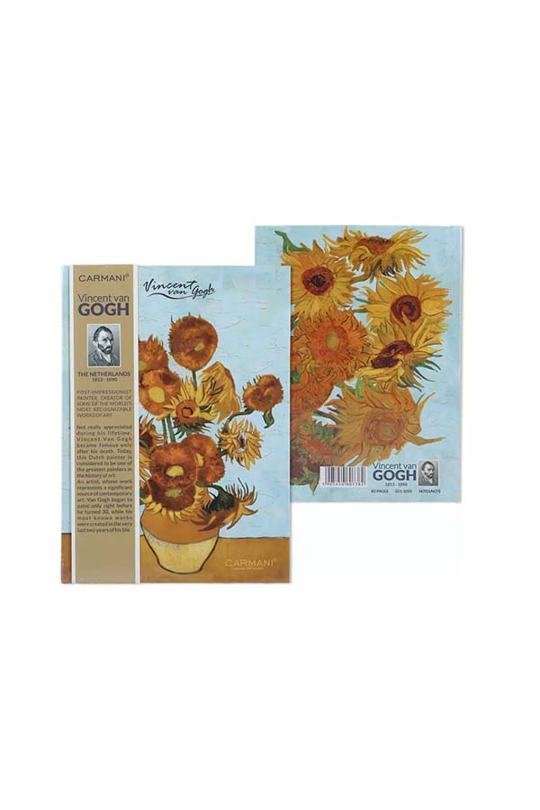 Diseño detallado del cuaderno, destacando tanto el anverso como el reverso, ambos decorados con los icónicos girasoles de Van Gogh. Perfecto para los amantes del arte.