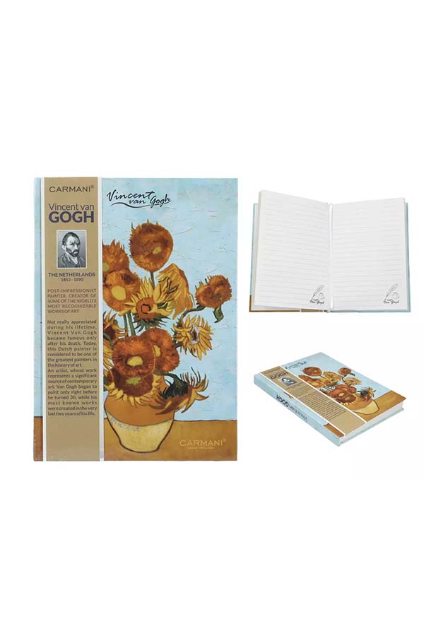 Elegante cuaderno de notas con un diseño inspirado en la obra maestra "Los Girasoles" de Vincent van Gogh. La portada incluye detalles informativos sobre el artista, realzando su relevancia histórica y artística.