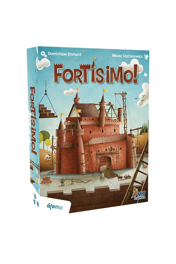 La ilustración de la caja de Fortísimo! muestra un castillo en construcción, rodeado de un diseño vibrante y detalles medievales. Este juego reta a los jugadores a construir sus castillos de manera estratégica mientras evitan los ataques de los demás.