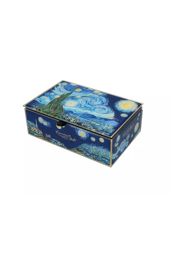 Detalle lateral del joyero "La Noche Estrellada" de Vincent van Gogh, mostrando los cautivadores detalles del diseño artístico en tonos azules y dorados. Este joyero combina funcionalidad y arte, convirtiéndose en un objeto decorativo único.