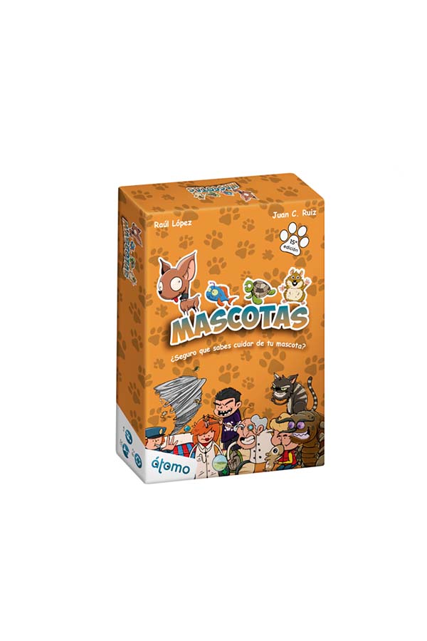 Caja del juego de mesa "Mascotas", con un diseño en tonos naranjas y divertidas ilustraciones de animales como un perro, un pez, un hámster y una tortuga. En la portada también aparecen personajes caricaturescos, añadiendo un toque cómico. Ideal para aprender a cuidar mascotas mientras se disfruta en familia o con amigos.