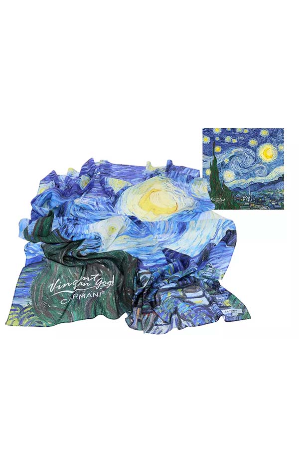 Un elegante pañuelo inspirado en la obra maestra "La Noche Estrellada" de Vincent van Gogh, con colores vibrantes que reflejan los icónicos remolinos del cielo nocturno. Perfecto para los amantes del arte y los accesorios únicos.