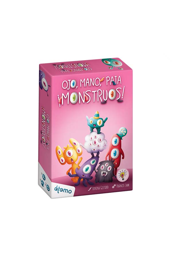 Una divertida caja rosa que presenta a los simpáticos monstruos del juego "Ojo, Mano, Pata ¡Monstruos!". Diseñada con ilustraciones vibrantes y coloridas, es ideal para atraer la atención de niños y familias amantes de los juegos dinámicos y educativos.