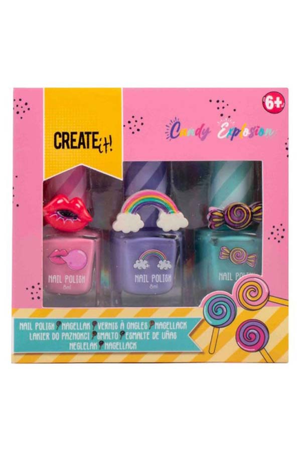 Un encantador pack de esmaltes de uñas temáticos con tres tonos únicos y anillos decorativos a juego. Este set incluye colores inspirados en un arcoíris, labios y caramelos, ideales para niñas creativas mayores de 6 años.