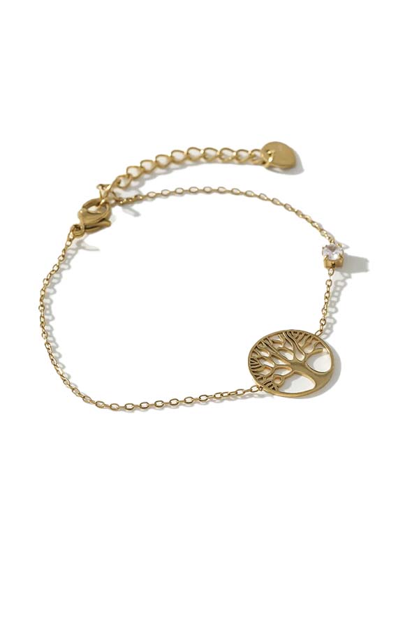 Pulsera ajustable de cadena fina con un elegante colgante del Árbol de la Vida, complementado por un cristal decorativo. Su diseño minimalista y su cierre ajustable la convierten en el accesorio perfecto para realzar cualquier look diario o formal.