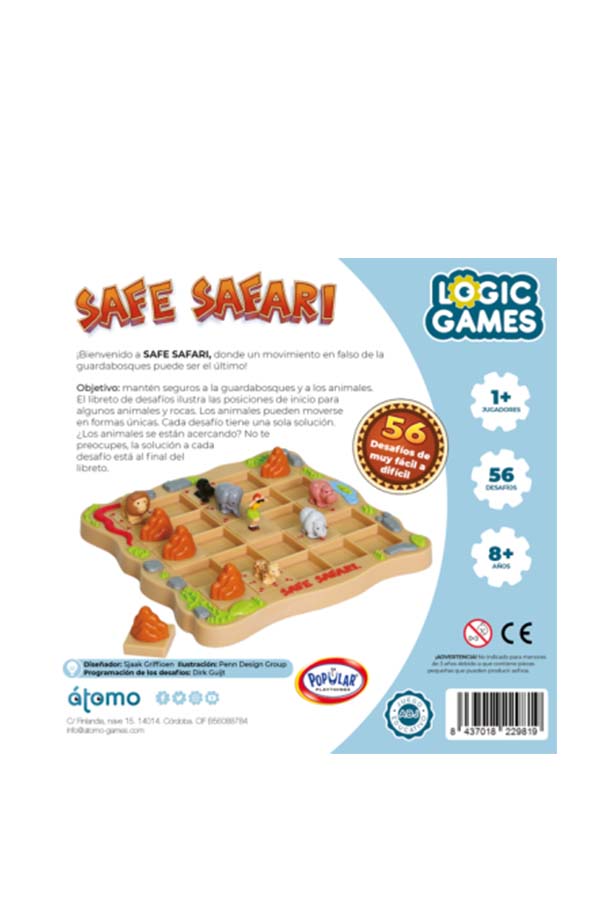 Detalle de la parte trasera de la caja del juego "Safe Safari". Explica el objetivo del juego, que consiste en mantener a los guardabosques y animales a salvo a través de 56 desafíos con niveles de dificultad creciente.