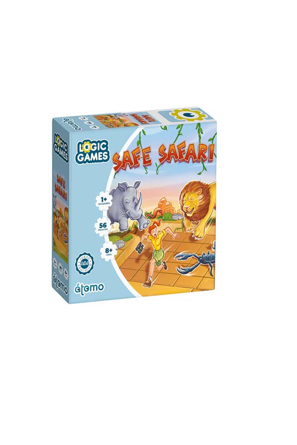 Imagen de la caja de "Safe Safari", un emocionante juego de lógica para niños y adultos que incluye desafíos de estrategia. Ilustración con animales como un rinoceronte, león y guardabosques en una escena de aventura.