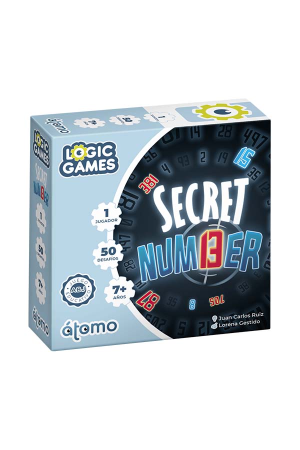 Caja del juego "Secret Number" de la colección Logic Games, destacando que incluye 50 desafíos únicos. Diseñado para un jugador a partir de los 7 años.