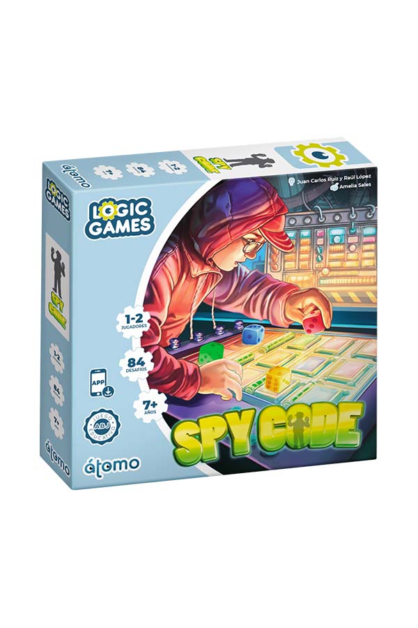 Imagen de la caja de "Spy Code", un juego educativo de lógica para 1-2 jugadores. Incluye 84 desafíos de diferentes niveles de dificultad, diseñado para estimular el pensamiento lógico y estratégico en niños mayores de 7 años.