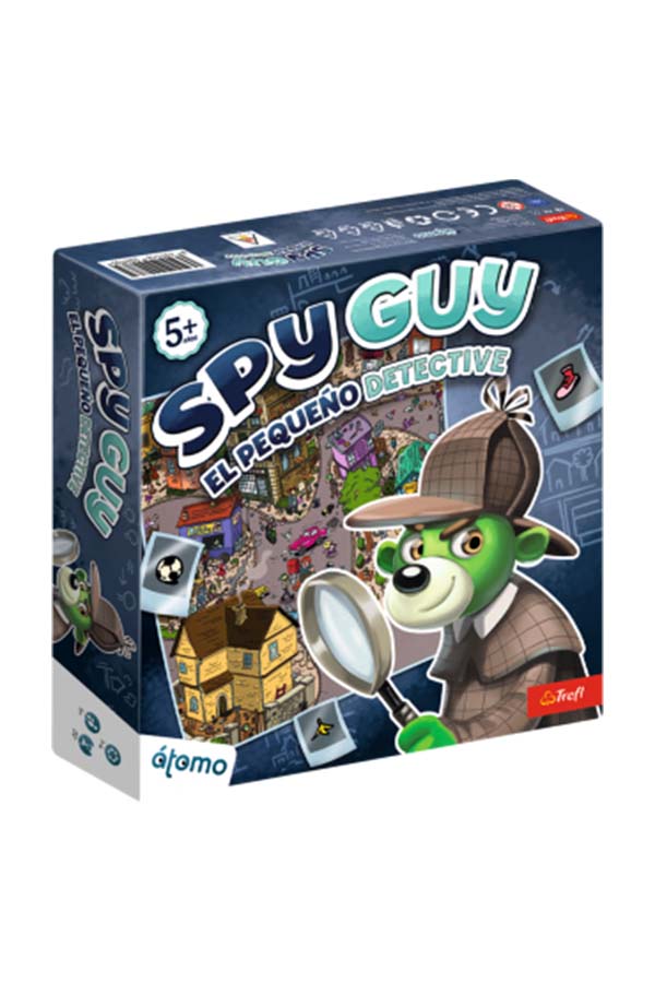 Imagen frontal de la caja del juego de mesa "Spy Guy - El Pequeño Detective", diseñado para niños mayores de 5 años. Incluye ilustraciones coloridas y el personaje principal vestido de detective.