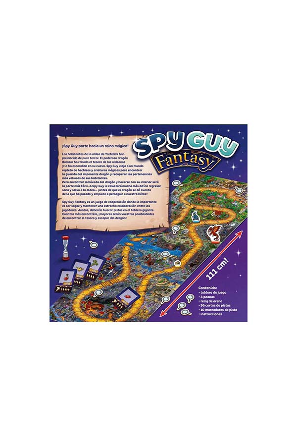 Detalle del reverso de la caja de "Spy Guy Fantasy". Presenta el contenido del juego, incluyendo el tablero de 111 cm y los elementos necesarios para vivir una aventura fantástica. Se destacan las instrucciones y la premisa del juego.