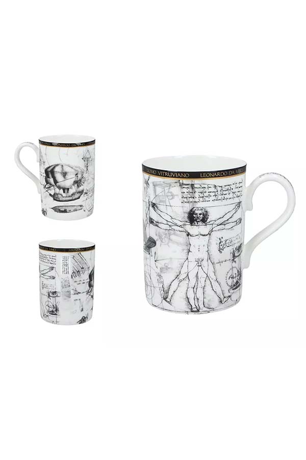 Vista detallada de los diseños que adornan la taza: incluye el icónico Hombre de Vitruvio junto con otros bocetos técnicos y artísticos de Leonardo Da Vinci. Un artículo decorativo funcional que destaca por su calidad y originalidad.