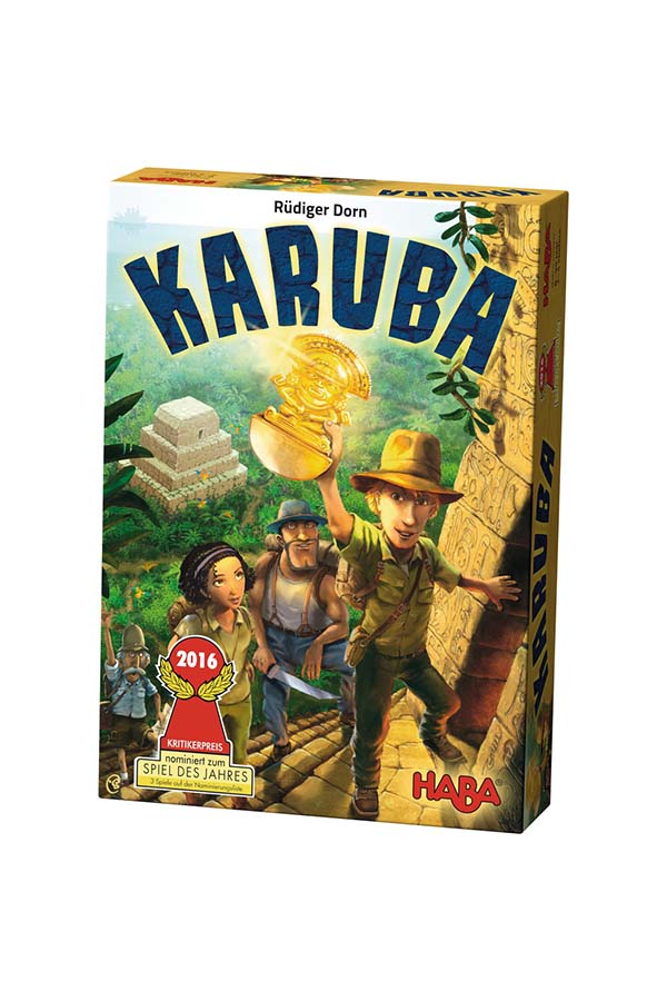 En esta imagen aparece la caja del juego de mesa Karuba de la marca HABA. El diseño de la caja muestra a un grupo de exploradores aventureros en la jungla, mientras se dirigen a la búsqueda de un tesoro escondido, con un estilo gráfico colorido y emocionante.