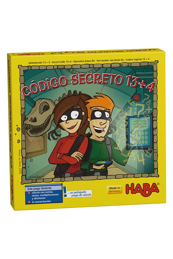 En esta imagen se muestra la caja de Código Secreto 13+4 de HABA. El diseño presenta a dos jóvenes aventureros enmascarados en un entorno lleno de secretos arqueológicos, preparados para enfrentar desafíos de cálculo que pondrán a prueba sus habilidades numéricas.