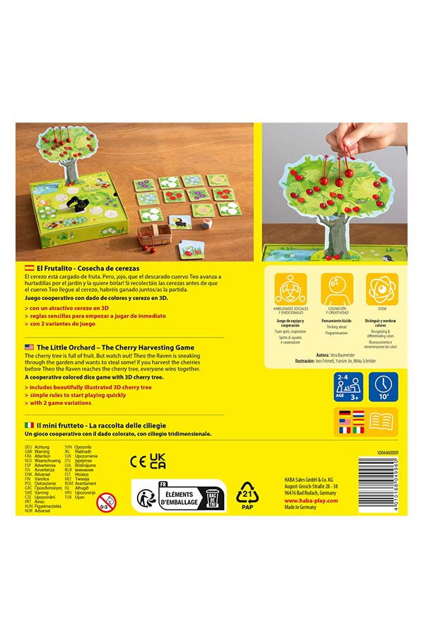 La parte posterior de la caja del juego El Frutalito de HABA muestra información clave sobre la dinámica del juego, sus beneficios educativos y su carácter cooperativo. Además, se detalla la edad recomendada, la duración aproximada de las partidas, así como las variantes de juego incluidas, ofreciendo una visión completa de lo que este encantador juego familiar puede aportar.