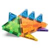 Un diseño creativo de un dinosaurio hecho con las piezas del set Magna-Tiles Combo + microMAGS. Los niños pueden usar estas piezas magnéticas para formar figuras, animales y muchas otras creaciones imaginativas.