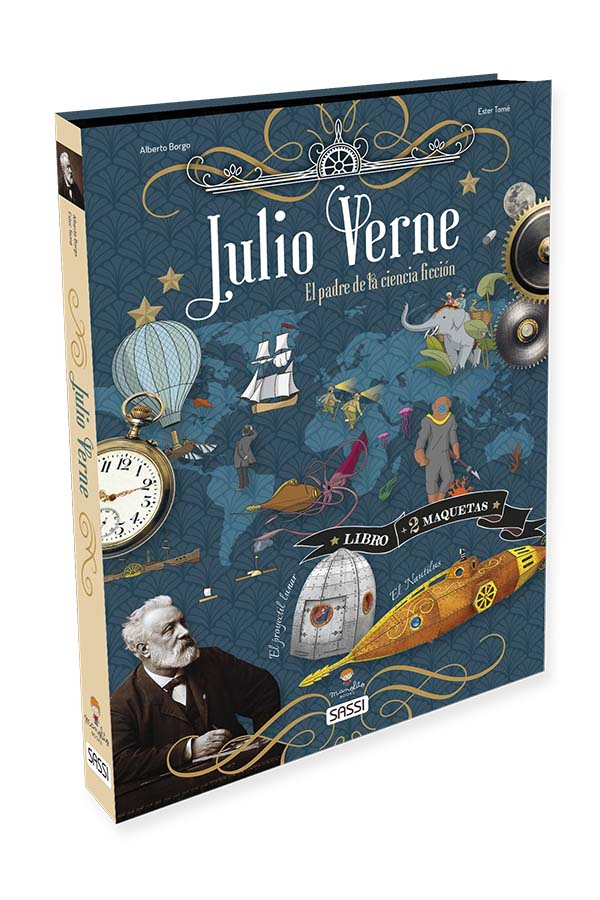 Portada del libro educativo de Sassi que rinde homenaje a Julio Verne, considerado el padre de la ciencia ficción. Este libro incluye ilustraciones detalladas y contenido fascinante sobre su vida y obras, además de 2 maquetas para ensamblar. Perfecto para pequeños exploradores y fanáticos de sus historias atemporales.