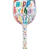 Animada copa de vino decorada con globos y colores brillantes, perfecta para celebrar cumpleaños con estilo. Incluye detalles pintados a mano que resaltan su originalidad.