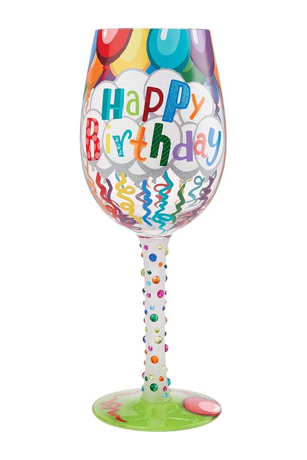 Animada copa de vino decorada con globos y colores brillantes, perfecta para celebrar cumpleaños con estilo. Incluye detalles pintados a mano que resaltan su originalidad.