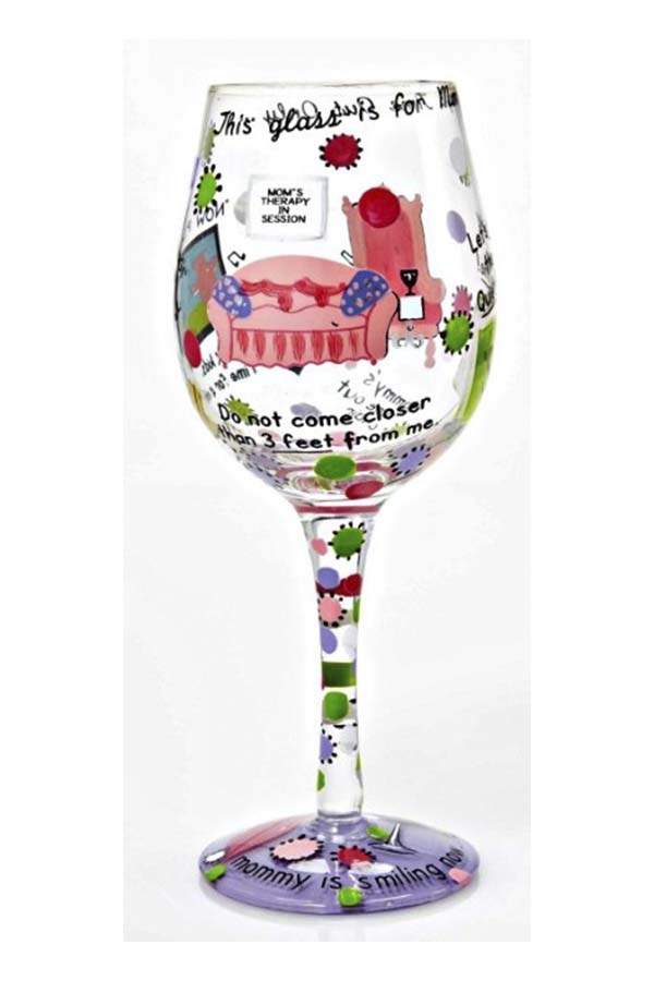 Divertida copa de vino diseñada para las mamás, con ilustraciones humorísticas y coloridas que reflejan la terapia perfecta: un buen vino. Perfecta para regalar en el Día de la Madre.