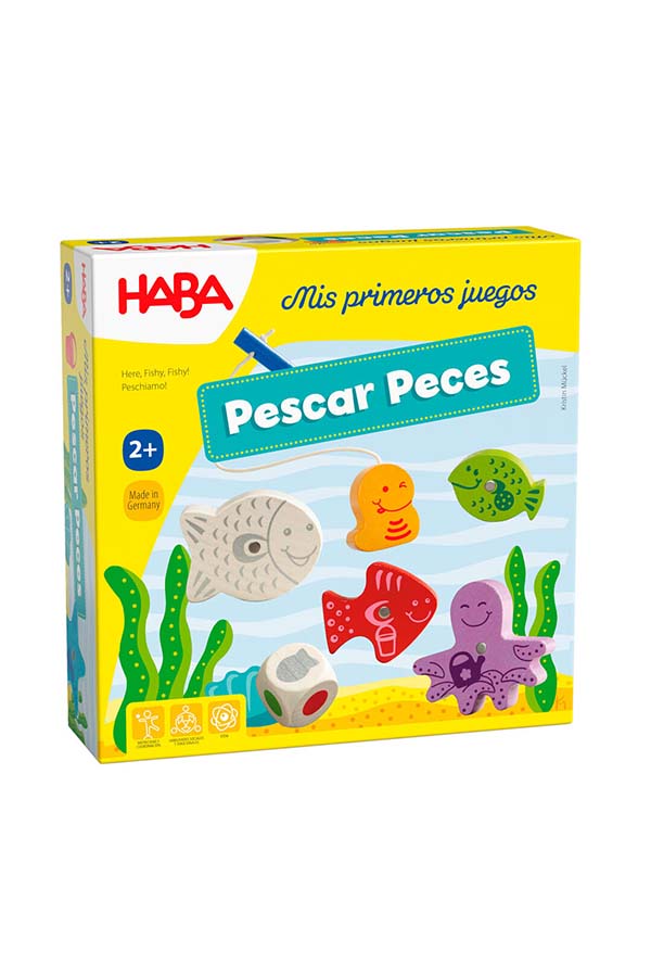 La caja del juego Haba Pescar Peces muestra su diseño colorido con adorables figuras marinas de madera. Ideal para jugar en solitario, de forma cooperativa o competitiva, fomentando la coordinación y la paciencia en los más pequeños.