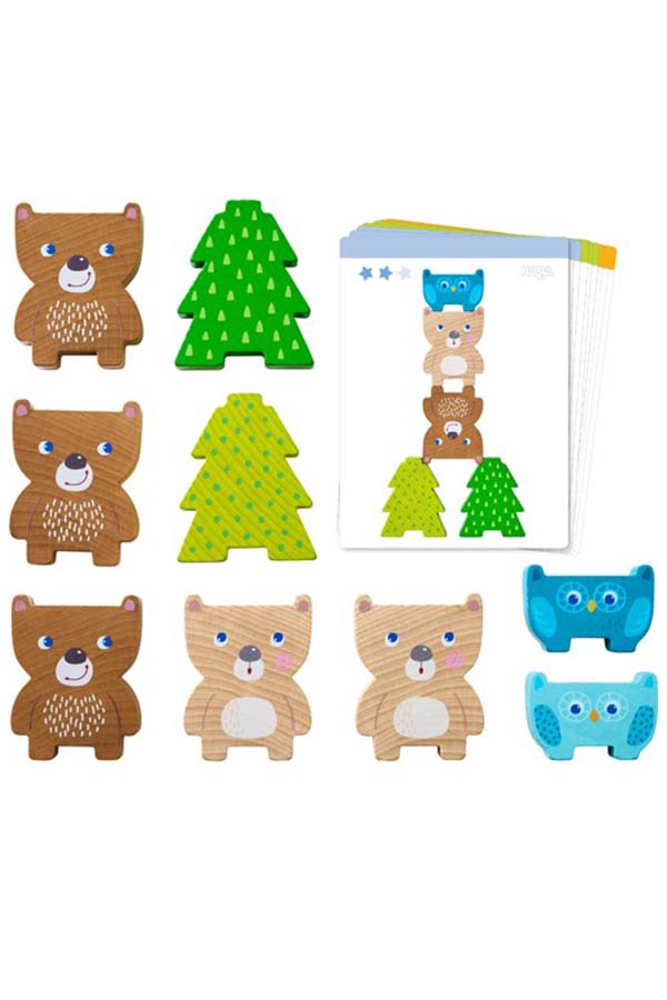 Este set de Haba Apilar Amigos del Bosque incluye piezas de madera con diseños coloridos de osos, búhos y árboles, junto con tarjetas de desafío para diferentes niveles de dificultad. Ideal para desarrollar habilidades de equilibrio y resolución de problemas en los niños pequeños.