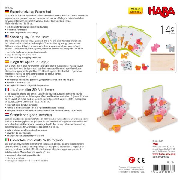 La parte trasera del juego "Haba Apilar la Granja" explica las reglas y las diferentes formas de jugar. Incluye tarjetas con modelos de apilado y piezas de madera con diseños de animales de granja.