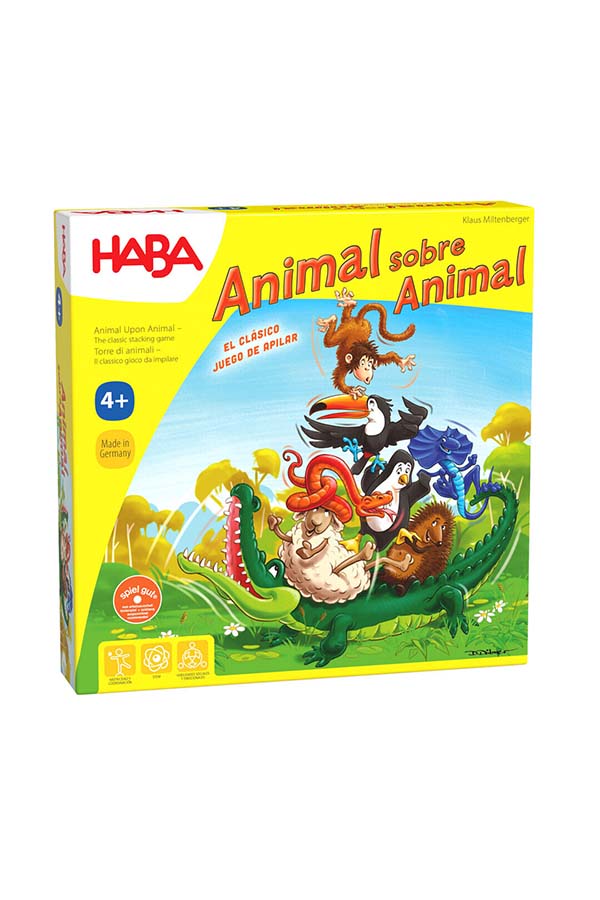 La caja de "Haba Animal Sobre Animal" presenta una ilustración colorida y divertida, con diferentes animales intentando mantener el equilibrio en una torre sobre el cocodrilo base. Un juego de apilamiento clásico y desafiante.