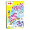 La colorida caja de "Haba Unicornio Destello - El Tesoro de las Nubes" presenta ilustraciones vibrantes con unicornios saltando entre arcoíris. Este encantador juego de mesa fomenta la diversión y la estrategia en los más pequeños.