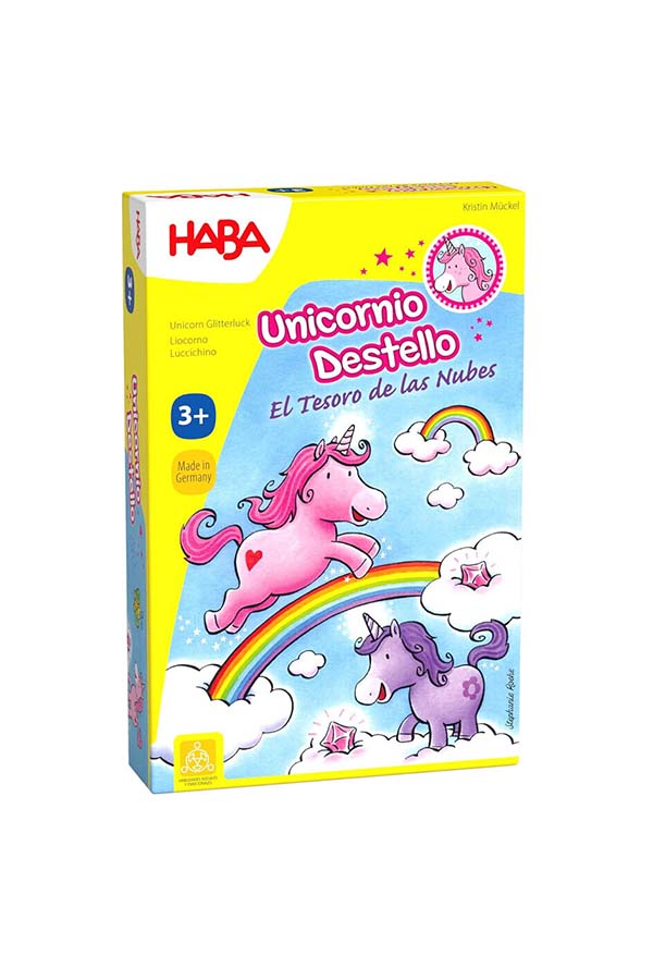 La colorida caja de "Haba Unicornio Destello - El Tesoro de las Nubes" presenta ilustraciones vibrantes con unicornios saltando entre arcoíris. Este encantador juego de mesa fomenta la diversión y la estrategia en los más pequeños.