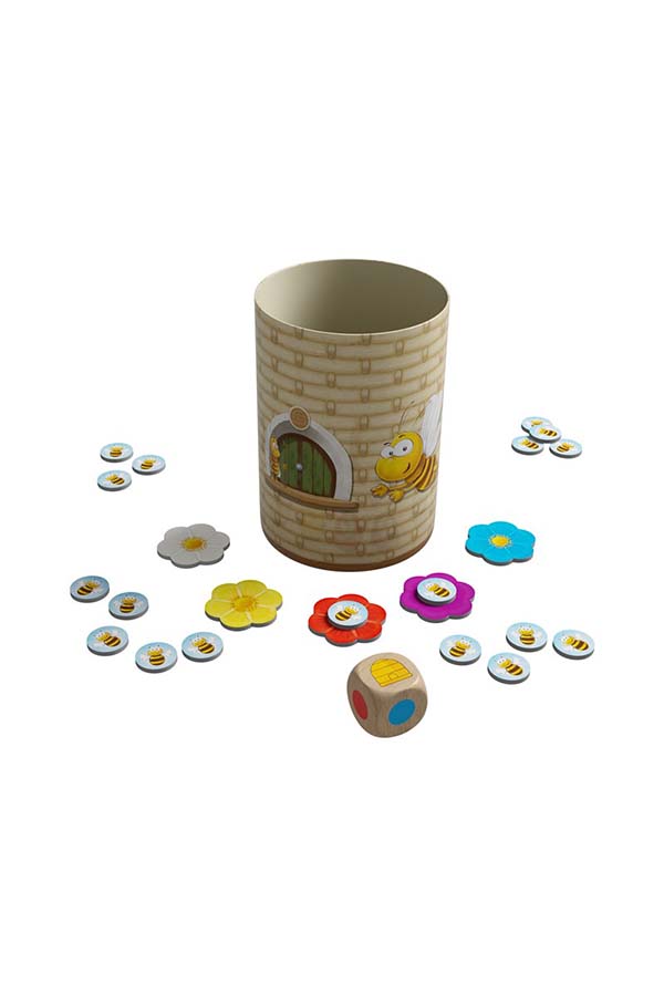 Vista completa del contenido del juego "Bella Bee" de HABA. Incluye una lata decorativa, fichas de abejas, flores de colores y un dado de madera. Un juego educativo y divertido para toda la familia.