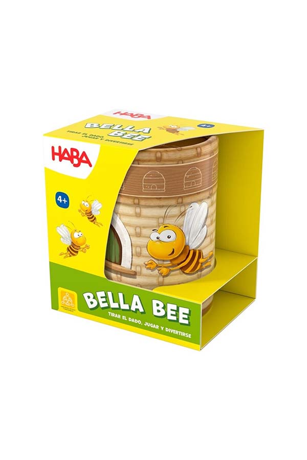 Caja del juego "Bella Bee" de HABA con un diseño llamativo que muestra a la abeja protagonista. Ideal para niños a partir de 4 años, fomenta la memoria y la coordinación.