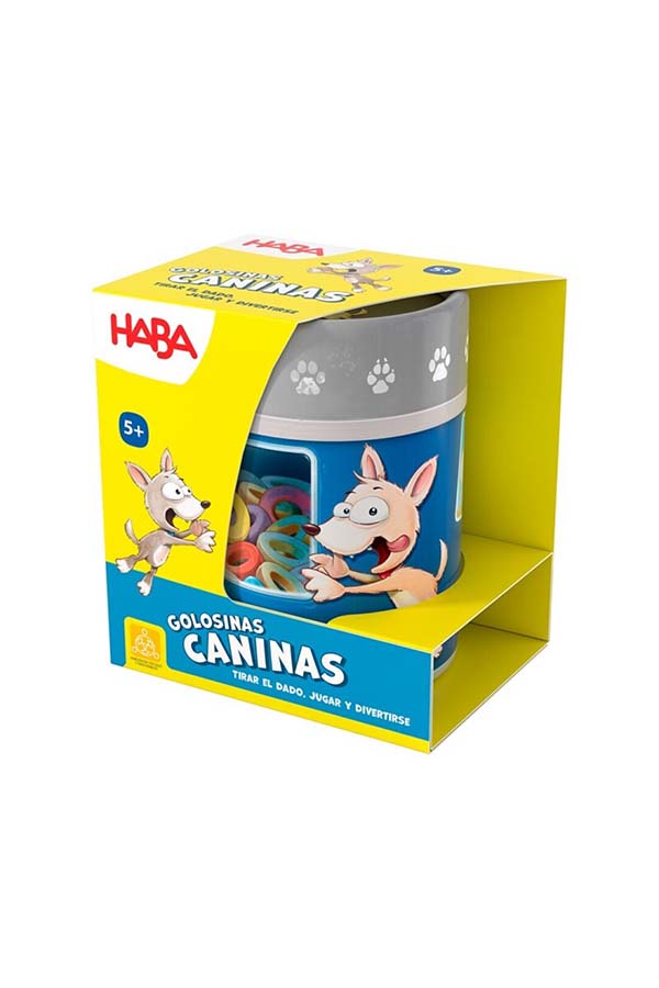 Empaque del juego "Golosinas Caninas" de HABA, diseñado para niños mayores de 5 años. Con un diseño colorido y dinámico, este juego fomenta el reconocimiento de patrones y la toma de decisiones rápidas.