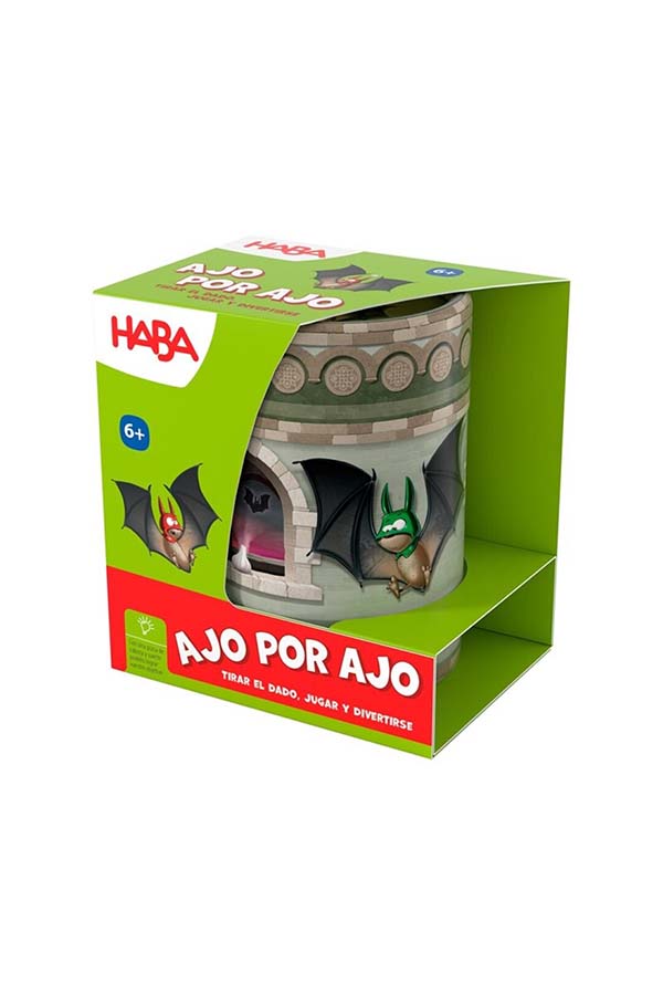 Caja del juego "Ajo por Ajo" de HABA con un diseño temático de murciélagos y un castillo. Perfecto para niños mayores de 6 años, ideal para aprender estrategia y contar historias.