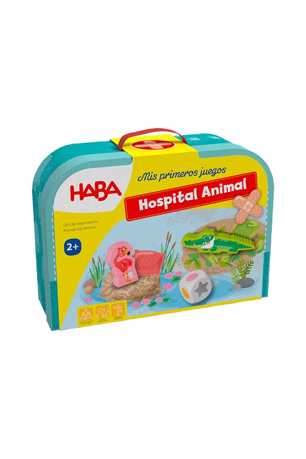 La caja principal del juego "Hospital Animal" de HABA, diseñado para niños a partir de 2 años. Este juego educativo incluye figuras de animales, accesorios y escenarios para fomentar la empatía y habilidades motoras.