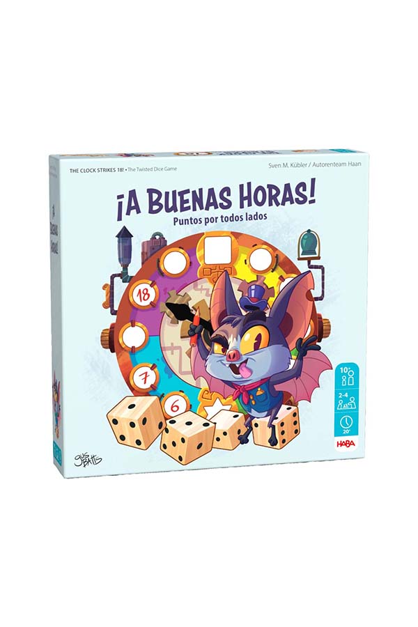 Presentación del juego de mesa "¡A Buenas Horas!" de HABA, diseñado para niños a partir de 10 años. Este emocionante juego de estrategia y azar incluye dados y cartas para acumular puntos en un tablero lleno de color y diversión.