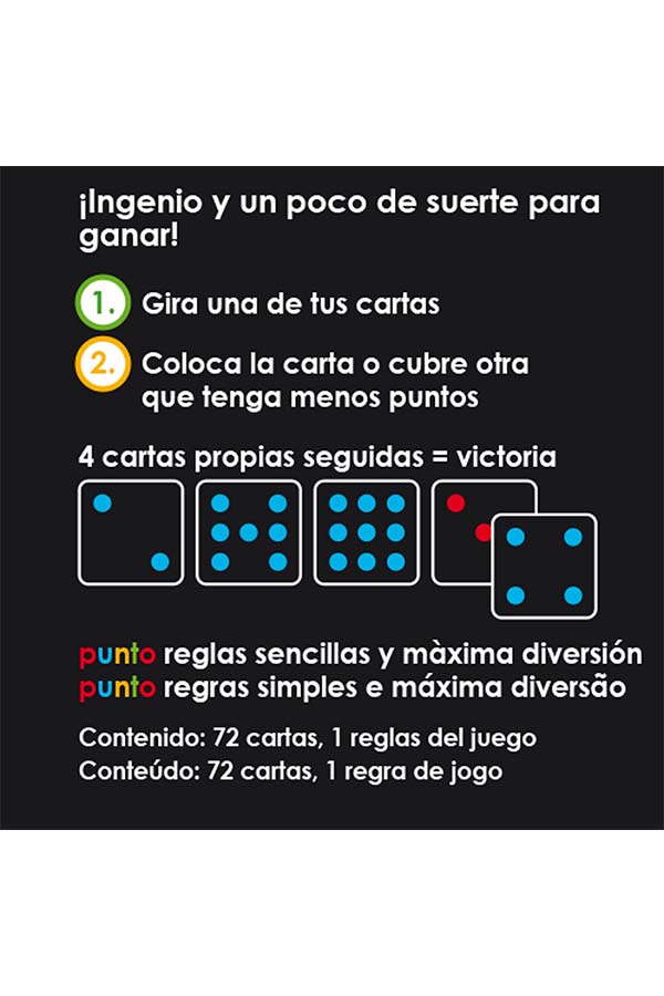 Reglas del juego Punto explicadas de forma visual. Las instrucciones claras permiten un aprendizaje rápido: gira cartas, cúbrelas o alínea cuatro seguidas para ganar. Diversión garantizada con partidas dinámicas y emocionantes.