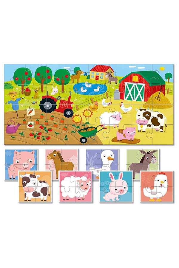 El "LUDATTIC Baby Puzzle Collection - La Granja" muestra un colorido paisaje de granja con diversos animales y elementos de la vida rural. Además del puzzle principal, incluye mini puzzles de animales con pocas piezas para facilitar el juego a los más pequeños.