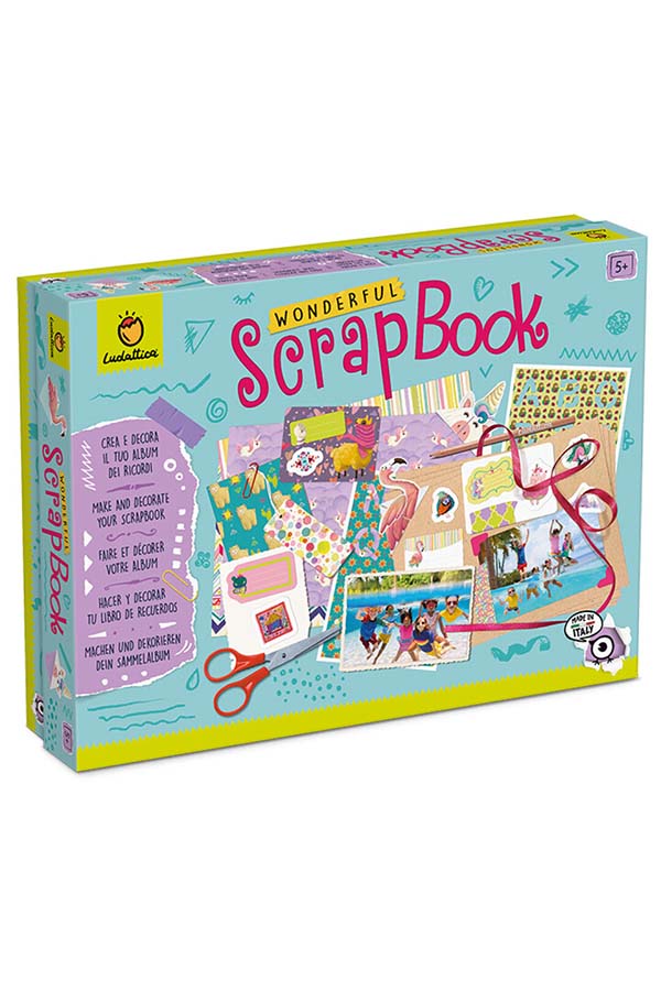 La caja de "LUDATTIC Wonderful Scrapbook" presenta un diseño llamativo y colorido, con ejemplos de proyectos creativos que se pueden realizar con el contenido del set. Un regalo perfecto para pequeños artistas y amantes de las manualidades.