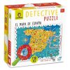 La caja del "LUDATTICA Detective Puzzle - El Mapa de España" muestra la temática educativa del juego. Incluye una lupa de cartón que permite a los niños explorar y buscar elementos ocultos en el mapa, incentivando su curiosidad y capacidad de observación.