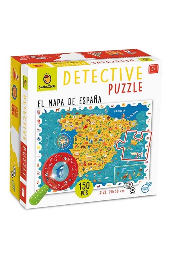 La caja del "LUDATTICA Detective Puzzle - El Mapa de España" muestra la temática educativa del juego. Incluye una lupa de cartón que permite a los niños explorar y buscar elementos ocultos en el mapa, incentivando su curiosidad y capacidad de observación.