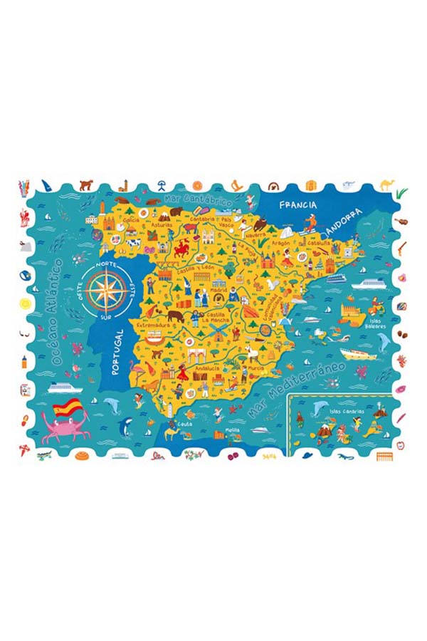 Este colorido puzzle de 150 piezas representa el mapa de España con ilustraciones de sus monumentos, fauna, gastronomía y cultura. Con un diseño vibrante, es perfecto para que los niños aprendan geografía de forma divertida mientras descubren los detalles ocultos en el mapa.